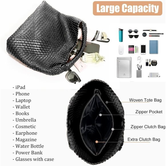 Elegant Hand Woven Vegan Leather Hobo Bag with Clutch - Large Capacity Design - Picture 5 of 7